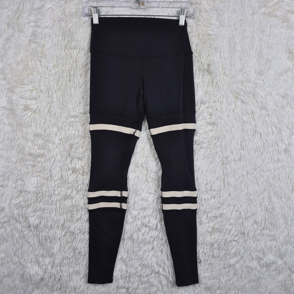 Alo Yoga High Waist Legit Leggings Black Cream Varsity Stripe Ribbed Small